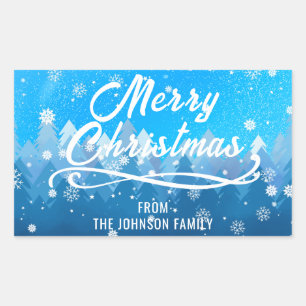 Sticker Rectangulaire Bleu Blanc Neige Forêt Paisible Joyeux Noël