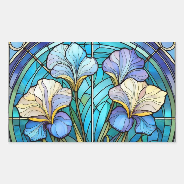 Sticker Rectangulaire Bleu Turquoise Floral Art Nouveau Vitrail (Devant)