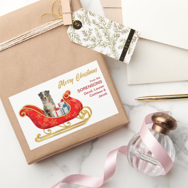 Sticker Rectangulaire Blue Merle Australian Shepherd Christmas Sleigh (Cadeaux)