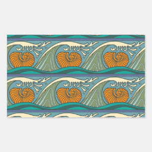 Sticker Rectangulaire Blue Ocean Waves Nautilus Seashell Motif Nouveau