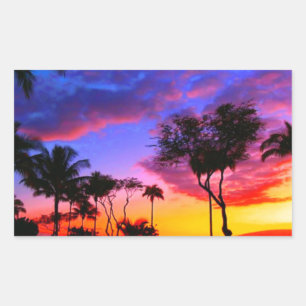 Sticker Rectangulaire Blue Red Sunset Exotic Hawaiian Beach Palm Trees