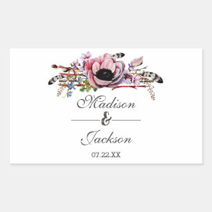 Sticker Rectangulaire Blush Rose Floral Monogramme de Mariage Bohème Chi