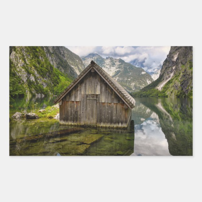 Sticker Rectangulaire Boathouse dans le lac Obersee dans les Alpes en Al (Devant)