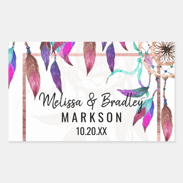 Sticker Rectangulaire Boho Watercolor Dreamcatcher Rose Mariage or (Devant)