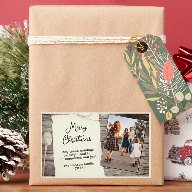 Sticker Rectangulaire Bois rustique Vieux papier Script de Noël Photo (vacances)