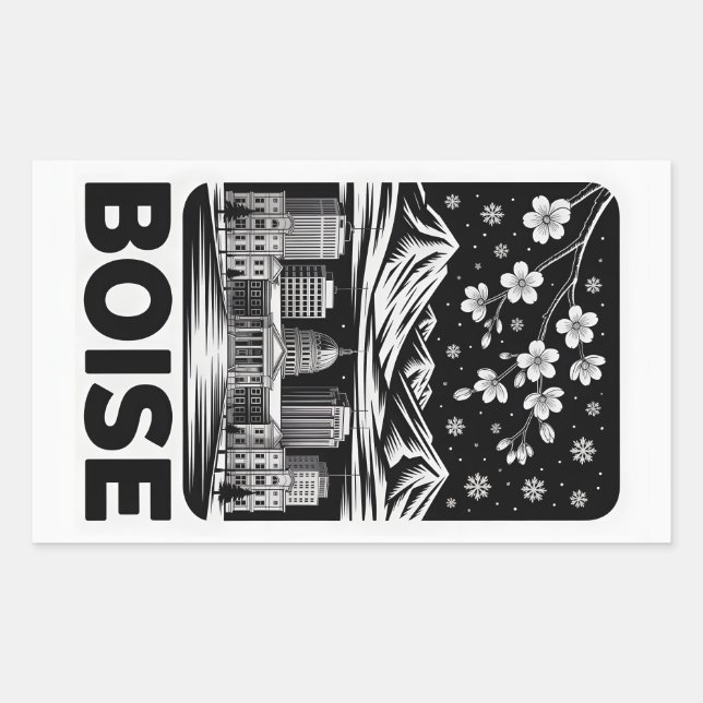 Sticker Rectangulaire Boise Skyline Black and White Woodcut Winter  (Devant)