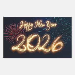 Sticker Rectangulaire Bonne année 2026 étincelante avec feux d'artifice