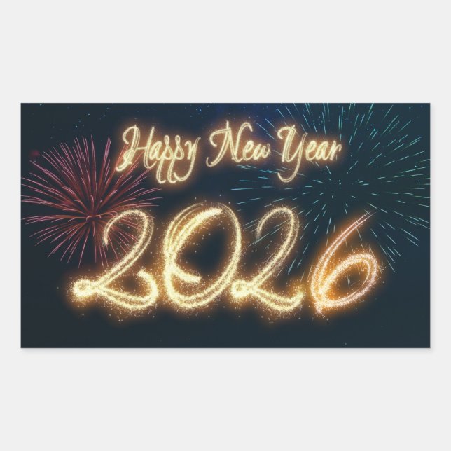 Sticker Rectangulaire Bonne année 2026 étincelante avec feux d'artifice (Devant)