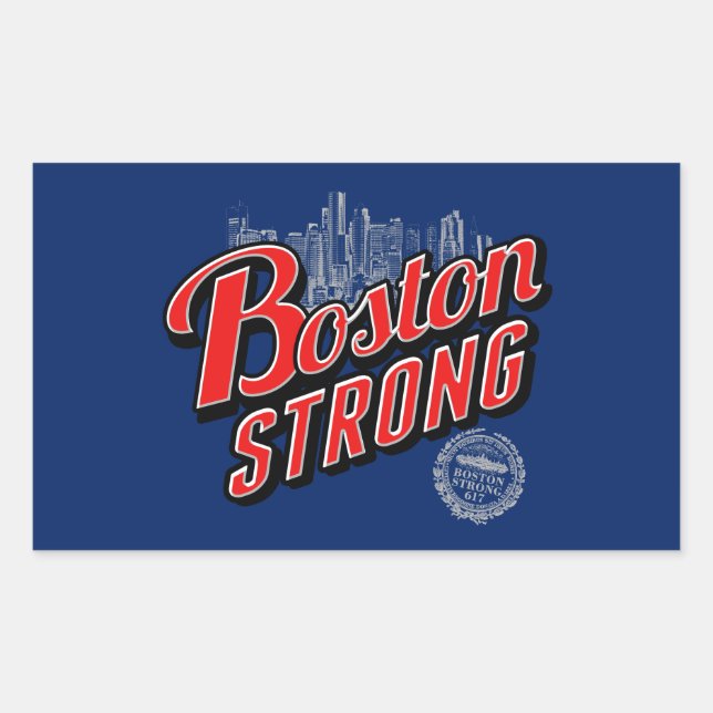 Sticker Rectangulaire Boston Strong dans un décor rouge et bleu (Devant)