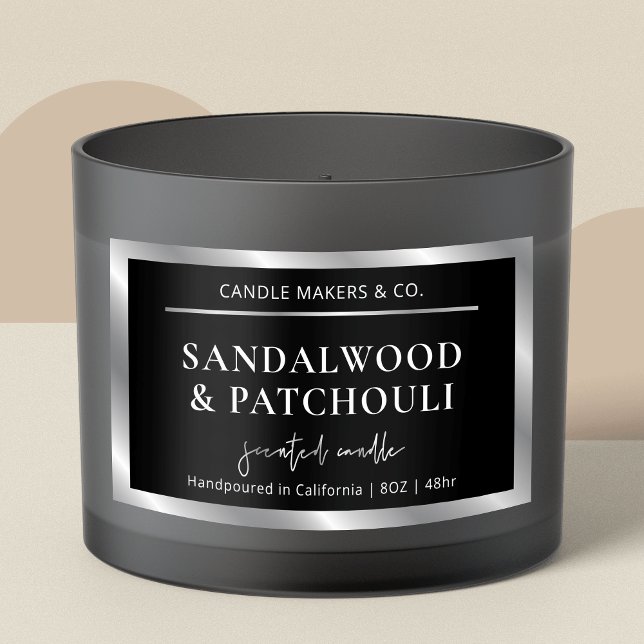 Sticker Rectangulaire Bougie d'emballage élégant en argent noir moderne (Large candle jar rectangle label in black and silver, featuring faux silver effect and stylish fonts)