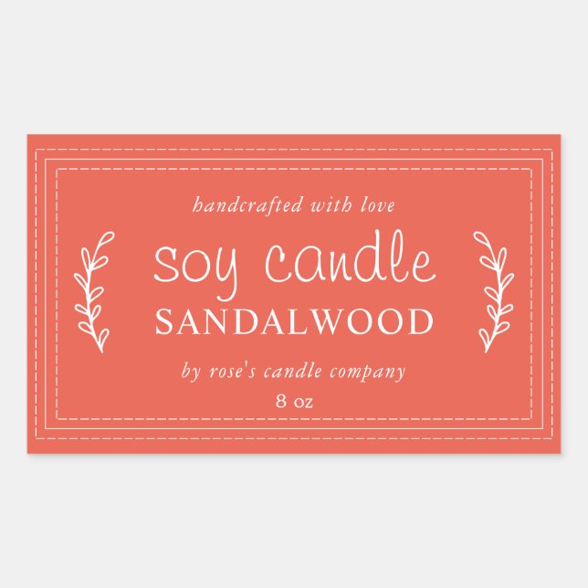 Sticker Rectangulaire Bougie Soja Faite Maison XL Feuillage Mandarin Rou (Devant)