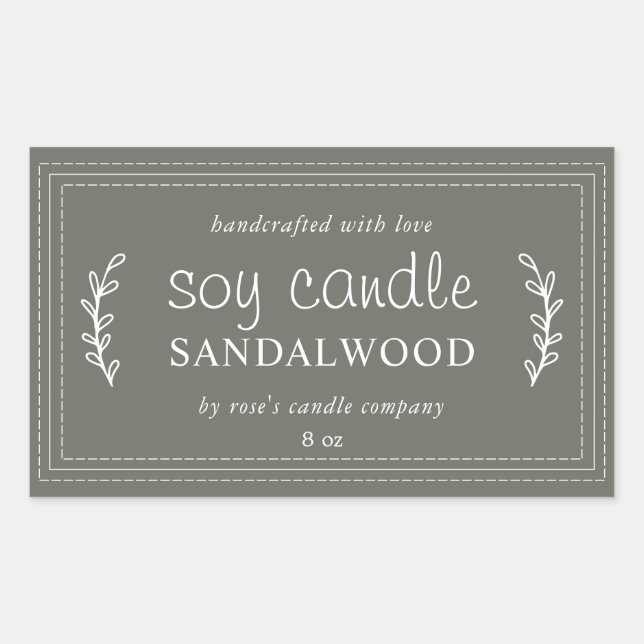 Sticker Rectangulaire Bougie Soja Faite Maison XL Feuillage Olive Poussi (Devant)