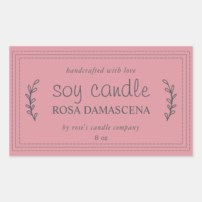 Sticker Rectangulaire Bougie Soja Faite Maison XL Feuillage Rose Poussié (Devant)