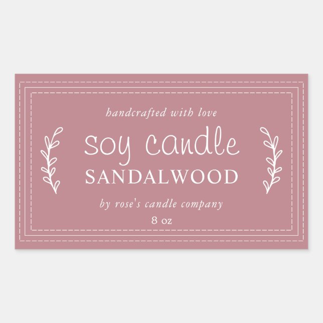 Sticker Rectangulaire Bougie Soja Faite Maison XL Feuillage Rose Poussié (Devant)
