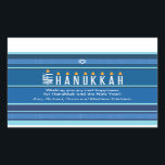 Sticker Rectangulaire Bougies Hanoukka rayées<br><div class="desc">Une menorah est rendue en utilisant la typographie sur cet autocollant rayé Hanoukka. Le mot "Happy" fait office de Shamash, tandis que les autres lettres "Hanoukka" servent de huit bougies Hanoukka. L'arrière - plan rayé bleu évoque un tallit. Ajoutez un message personnel ci-dessous. Grand comme un sceau d'enveloppe, une étiquette...</div>