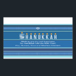 Sticker Rectangulaire Bougies Hanoukka rayées<br><div class="desc">Une menorah est rendue en utilisant la typographie sur cet autocollant rayé Hanoukka. Le mot "Happy" fait office de Shamash, tandis que les autres lettres "Hanoukka" servent de huit bougies Hanoukka. L'arrière - plan rayé bleu évoque un tallit. Ajoutez un message personnel ci-dessous. Grand comme un sceau d'enveloppe, une étiquette...</div>