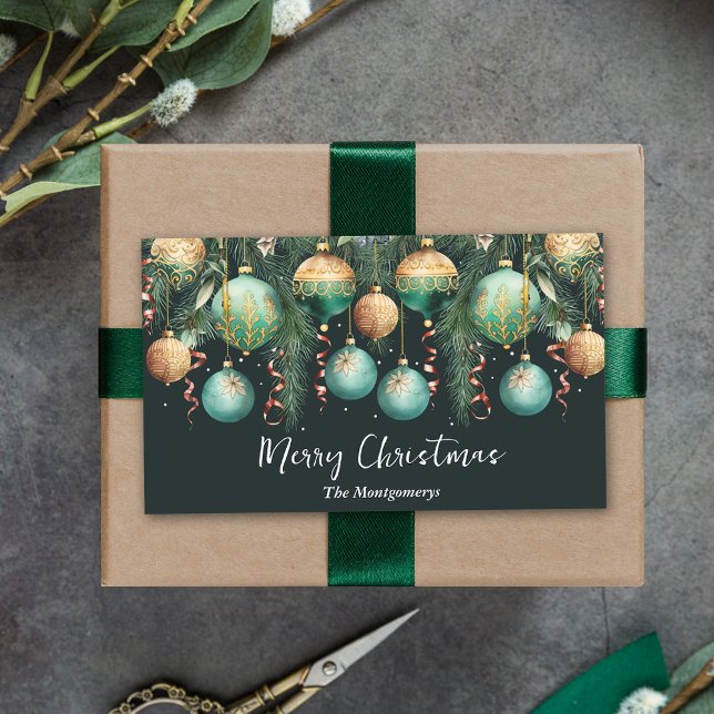 Sticker Rectangulaire Boules dorées arbre de Noël (Gold and green tree ornaments Merry Christmas rectangle stickers 4.5" x 2.7")