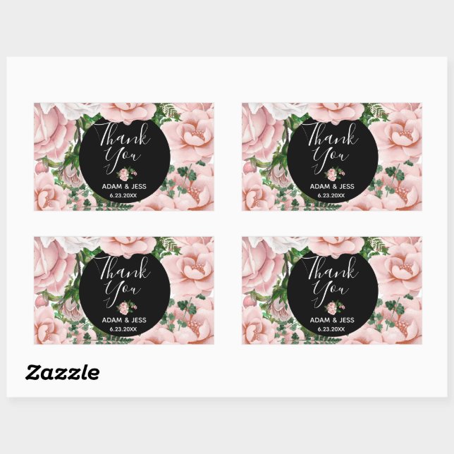 Sticker Rectangulaire Bouquet floral rose pâle personnalisé Merci (Feuille)