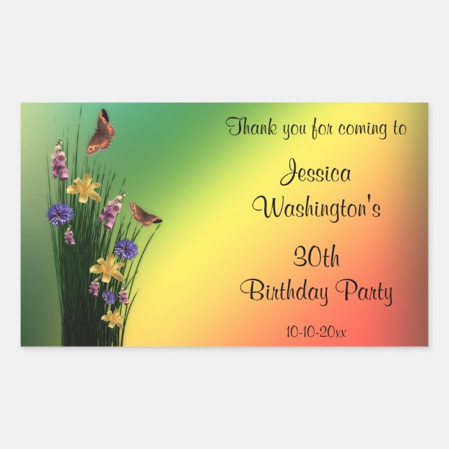 Sticker Rectangulaire Bouquet Herbeux Et Papillons Anniversaire (Devant)