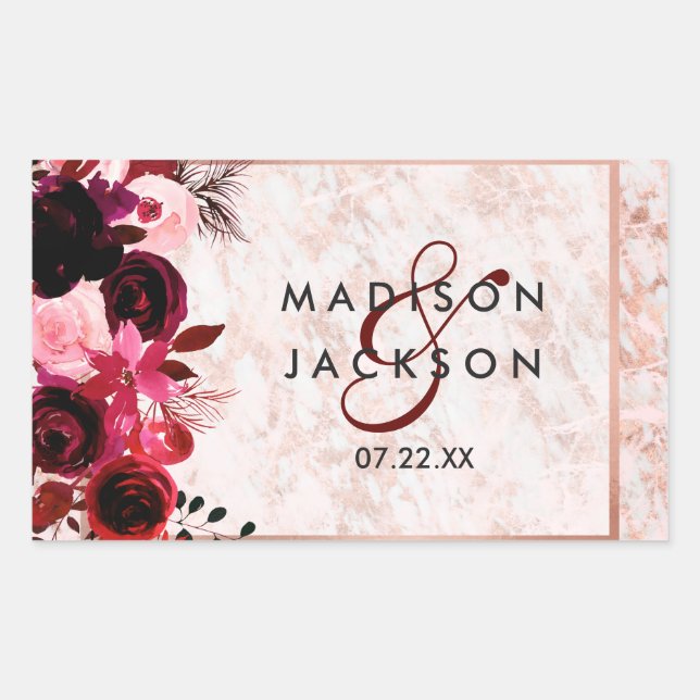 Sticker Rectangulaire Bourgogne Floral et Rose Mariage or Monogramme (Devant)