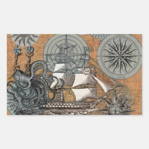 Sticker Rectangulaire Boussole Rose Vintage Nautique Octopus Ship