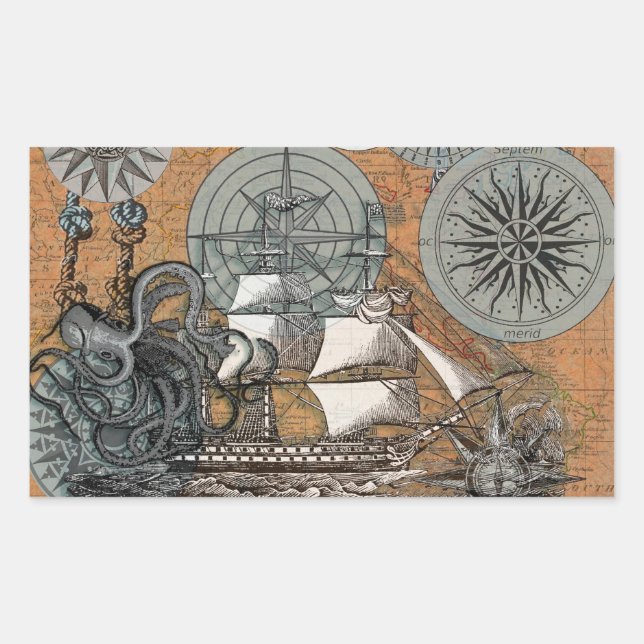 Sticker Rectangulaire Boussole Rose Vintage Nautique Octopus Ship (Devant)