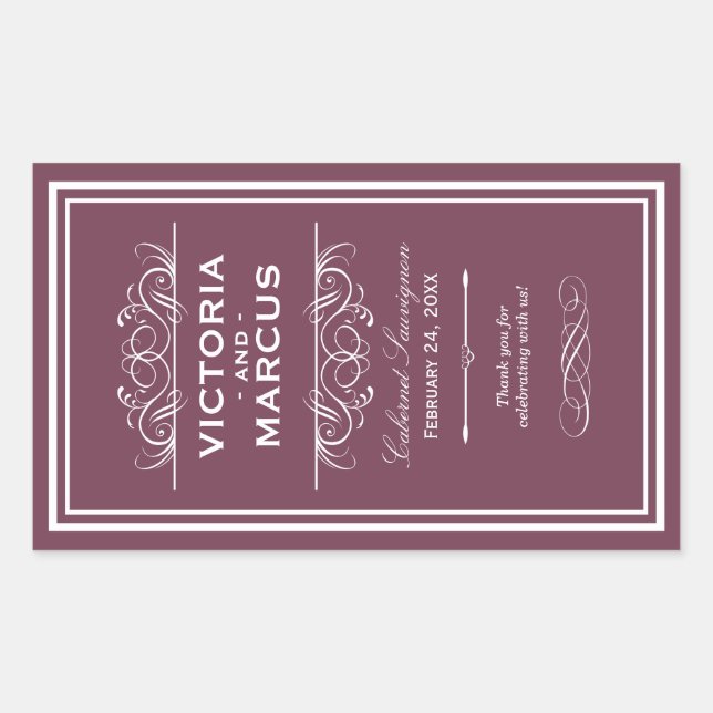 Sticker Rectangulaire Bouteille de vin Mariage Bourgogne Monogramme Favo (Devant)