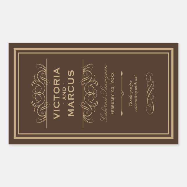 Sticker Rectangulaire Bouteille de vin Mariage Brown Monogramme Favorise (Devant)