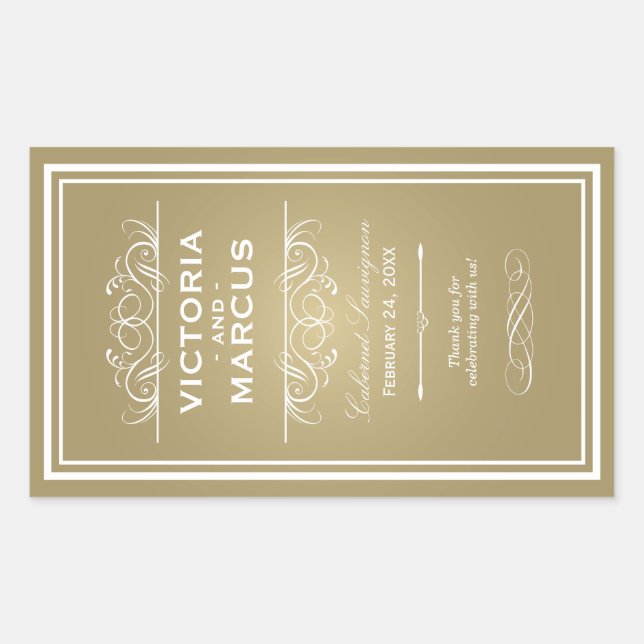 Sticker Rectangulaire Bouteille de vin Mariage d'or Monogramme Favoriser (Devant)