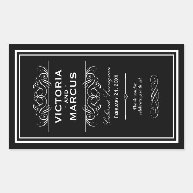Sticker Rectangulaire Bouteille de vin Mariage noir et blanc Monogramme  (Devant)