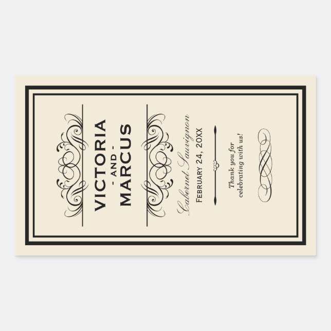 Sticker Rectangulaire Bouteille de vin Mariage noir et ivoire Monogramme (Devant)