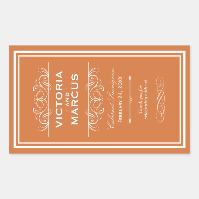 Sticker Rectangulaire Bouteille Mariage orange Monogramme Favoriser les  (Devant)