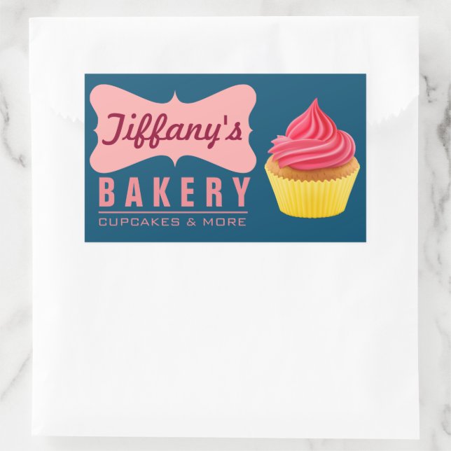 Sticker Rectangulaire Boutique Élégante Rétro de Gâteaux Cupcakes Roses (Sac)