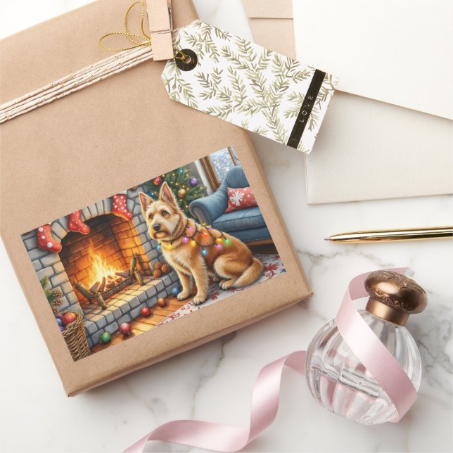 Sticker Rectangulaire Bouviers des Flandres Fireplace Christmas Lights (Cadeaux)