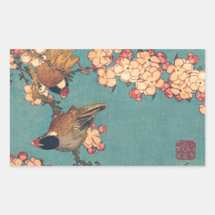 Sticker Rectangulaire Bouvreuil d'Hokusai et Cerisier Fleur Vintage Oise