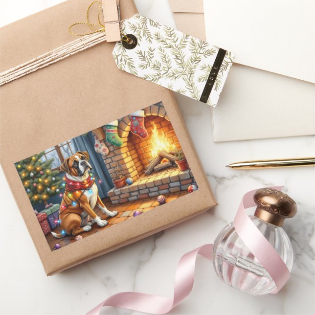 Sticker Rectangulaire Boxer Sitting by Fireplace with Christmas Lights (Cadeaux)
