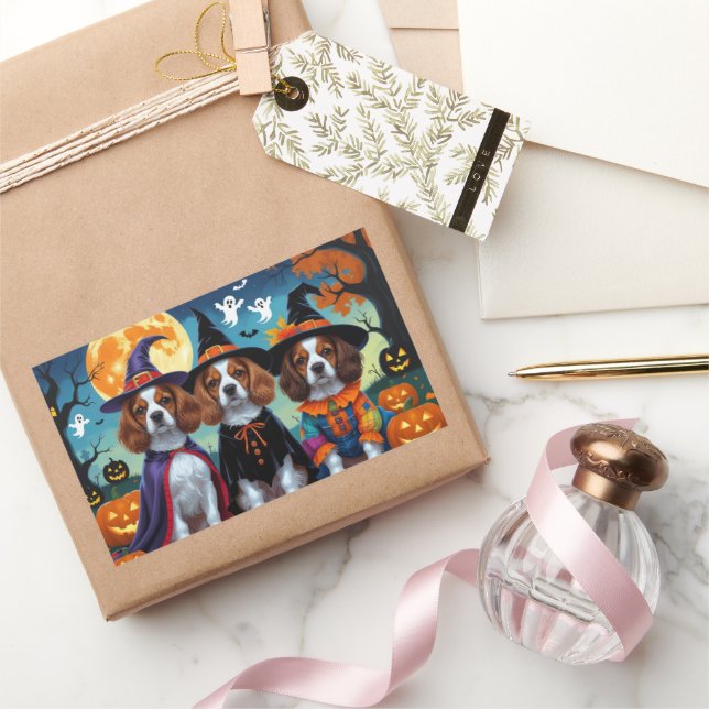 Sticker Rectangulaire Bretagne Chiens espagnols Citrouille Halloween Fun (Cadeaux)