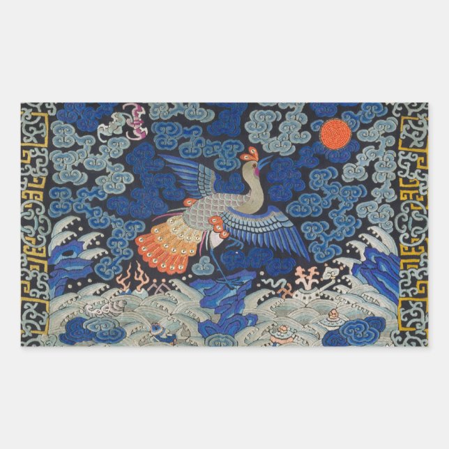 Sticker Rectangulaire Broderie chinoise bleu d'oiseau Vintage (Devant)