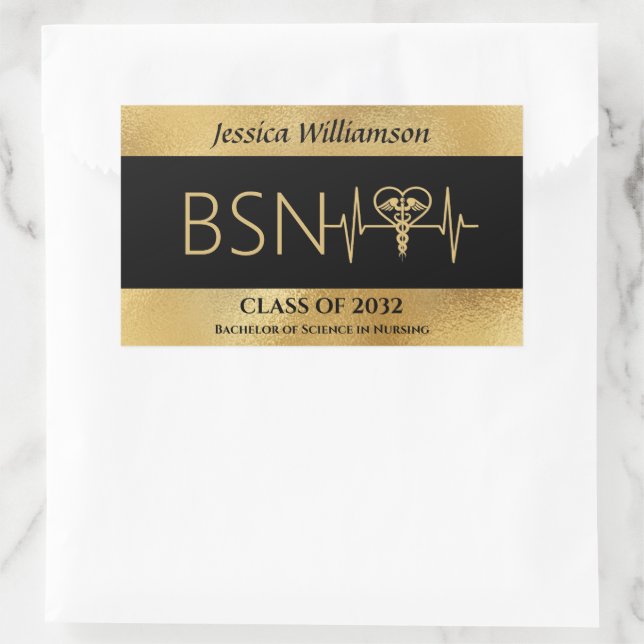 Sticker Rectangulaire BSN RN LPN Nurse Graduton Party Elegant Black Gold (Sac)