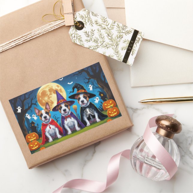 Sticker Rectangulaire Bull Terrier Chiens Citrouille Halloween Funny (Cadeaux)