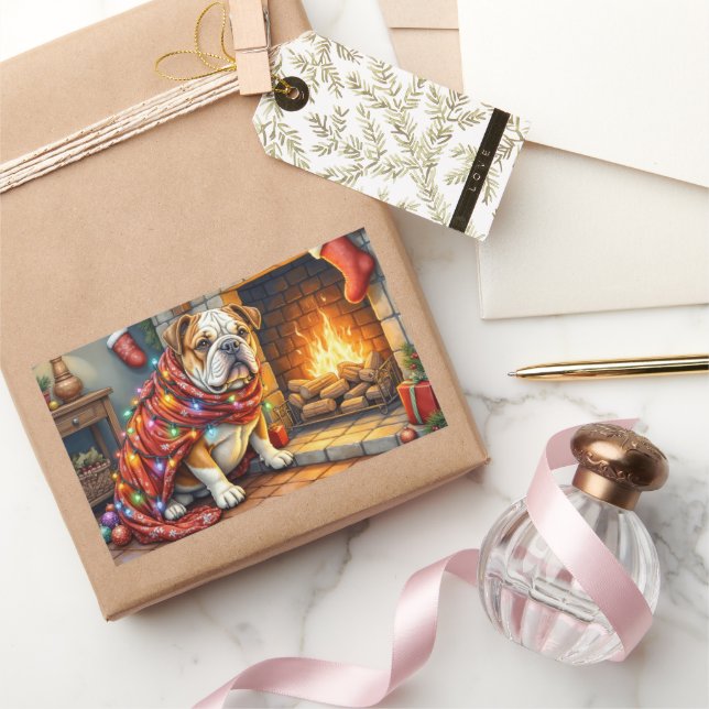 Sticker Rectangulaire Bulldog Sitting by Fireplace with Christmas Lights (Cadeaux)