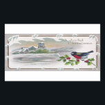 Sticker Rectangulaire Bullfinch sur Holly Vintage Christmas<br><div class="desc">Un Noël joyeux Un bullfinch eurasien est perché sur une branche de saint dans cette carte postale vintage de Noël de 1918. Dans l'arrière - plan,  une maison enneigée avec une tour se trouve sur un bout de terrain qui débouche sur un plan d'eau.</div>
