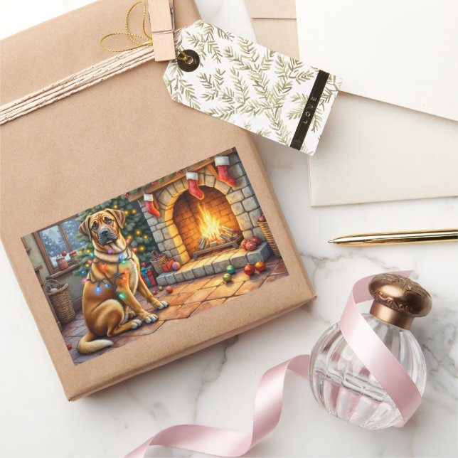 Sticker Rectangulaire Bullmastiff devant une cheminée avec des lumières  (Cadeaux)