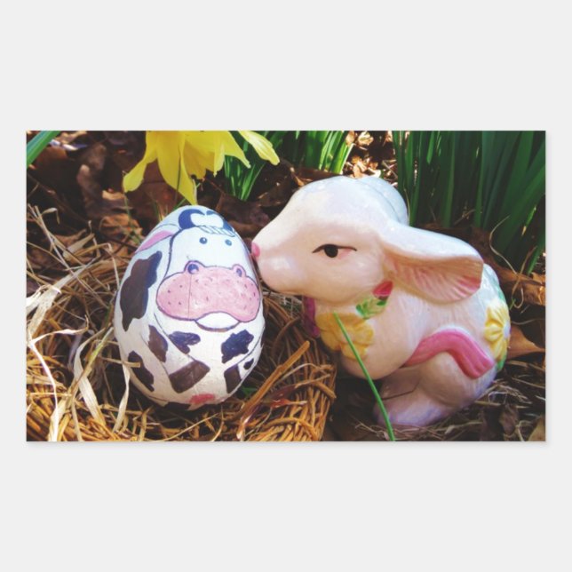 Sticker Rectangulaire Bunny de Pâques embrasser Oeuf de vache (Devant)