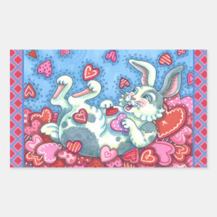 STICKER RECTANGULAIRE BUNNY RABBIT & COEURS COLORÉS ÉLEVANT VALENTINES