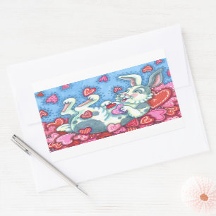 STICKER RECTANGULAIRE BUNNY RABBIT & COEURS COLORÉS ÉLEVANT VALENTINES