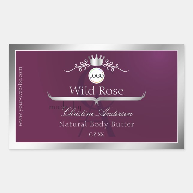 Sticker Rectangulaire Burgundy Product Label Silver Frame Logo Monogram (Devant)
