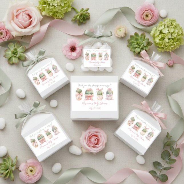 Sticker Rectangulaire Cactus Ruban rose bébé fille Merci douche (Créateur téléchargé)