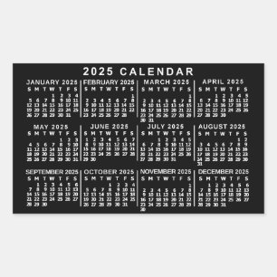 Sticker Rectangulaire Calendrier mensuel de l'année 2025 Classique Noir 