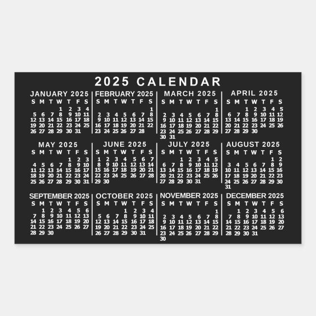 Sticker Rectangulaire Calendrier mensuel de l'année 2025 Classique Noir  (Devant)